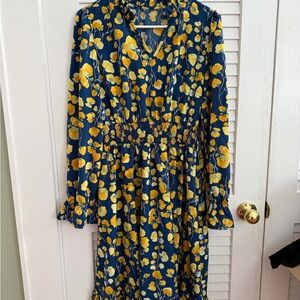 Navy Blue & Mustard Floral Smocked Waist Dress – Long Sleeve – Ruffle Neck